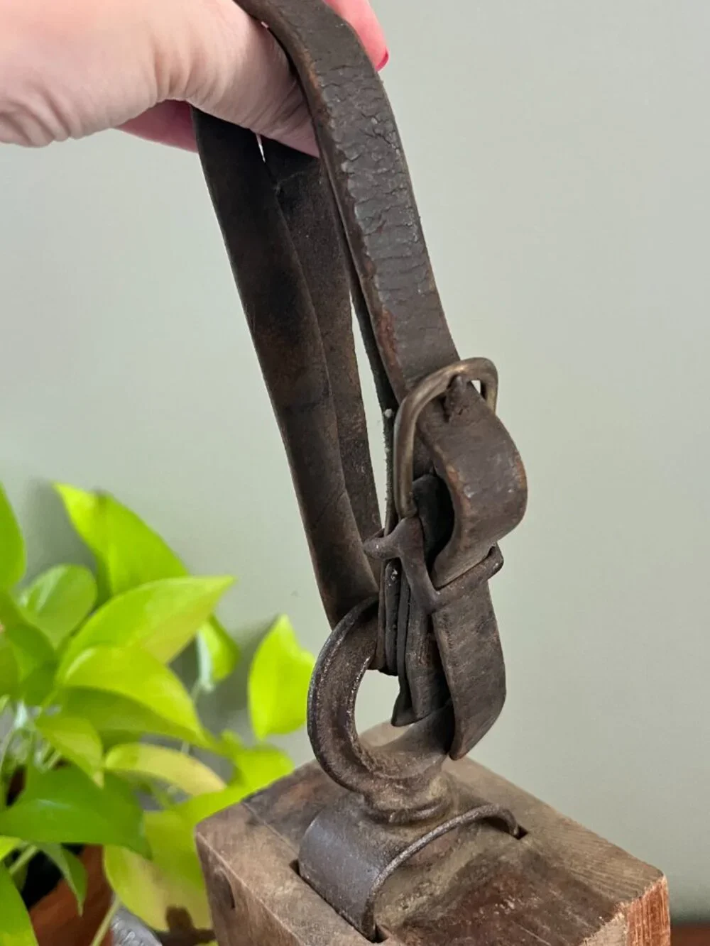 Antique Wood Pulley Block With Original Leather Strap Iron Hook Farmhouse Indust